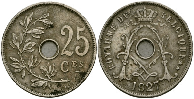Бельгия 25 сантимов 1927 Belgique KM 68 медно-никель 4165-533