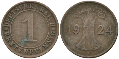 Германия 1 рентенпфенниг 1924 A KM 30, J. 306 бронза 4608-267