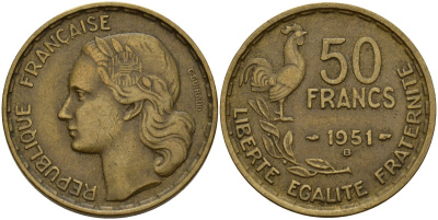 Франция 50 франков 1951 B, Петух KM 918.1, Le Franc 425.5 алюминиевая бронза 4157-222