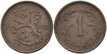 ФИНЛЯНДИЯ 1 МАРКА 1932 S KM 30 медно-никель 4563-634
