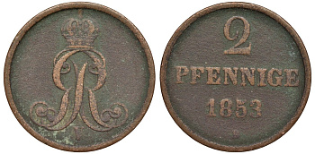 Брауншвейг-Каленберг-Ганновер 2 пфеннига 1853 B, Георг V (1851-1866) KM 217,aKS 152, J. 84 медь 4142-241