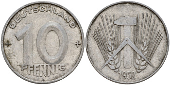 ГДР 10 пфеннигов 1952 A KM 7 алюминий 24-1212