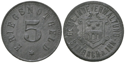 Зимбах-на-Инне (Бавария) 5 пфеннингов ND Funck 500.1, Men18 29390.1 цинк 4169-1142