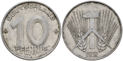 ГДР 10 пфеннигов 1952 A KM 7 алюминий 24-1212