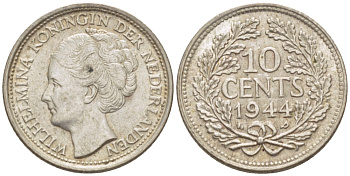 Нидерланды 10 центов 1944 Вильгельмина (1890-1948) KM 163 серебро aUNC 66-1252