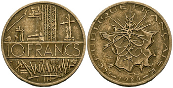 Франция 10 франков 1980 тип Матье KM 940, Le Franc 365.15-16 никель латунь 4120-514
