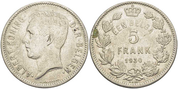 БЕЛЬГИЯ 5 ФРАНКОВ 1930 АЛЬБЕРТ I, DER BELGEN KM 98 никель 3851-323