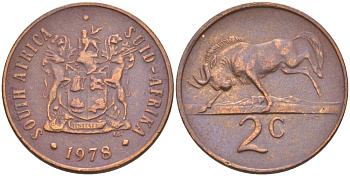 ЮАР 2 цента 1978 герб, антилопа гну KM 83 бронза 4551-1056