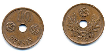 ФИНЛЯНДИЯ 10 ПЕННИ 1941 KM 33.1 медь 51-4922