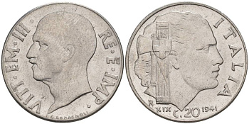 ИТАЛИЯ 20 ЧЕНТЕЗИМО 1941 R, ГОД XIX, ВИКТОР ЭММАНУИЛ III (1900-1946) KM 75b, VEM3. 1028 нержавеющая сталь 3853-547