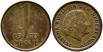 НИДЕРЛАНДЫ 1 ЦЕНТ 1970 ЮЛИАНА KM 180 бронза 4392-1365
