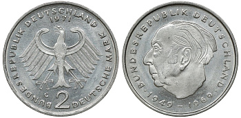 ФРГ 2 МАРКИ 1973 G, ТЕОДОР ХОЙС KM 127, J. 407 медно-никель плакированный никелем плакированный никелем UNC 72-535