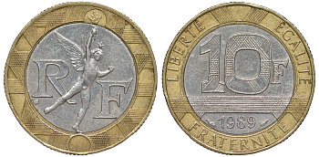 Франция 10 франков 1989 тип гений Бастилии KM 964.1, Le Franc 375.3 биметалл  45-625