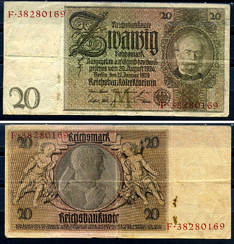 Германия 20 рейхсмарок 1929 22 января 1929, серия F Pick 181 a (1-2) бумага 7552-44-3-2