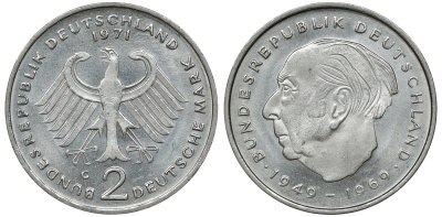 ФРГ 2 марки 1973 G, Теодор Хойс KM 127, J. 407 медно-никель плакированный никелем UNC 4681-935