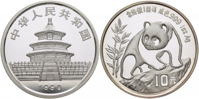 Китай 10 юаней 1990 панда KM 237 серебро BUNC 01-150-44