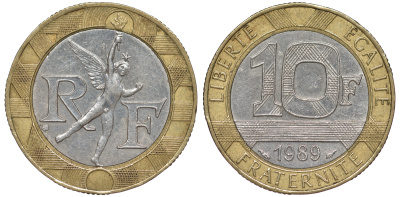 Франция 10 франков 1989 тип гений Бастилии KM 964.1, Le Franc 375.3 биметалл  45-625