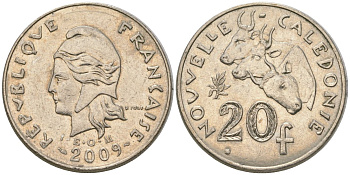 Французская Новая Каледония 20 франков 2009 три быка, (IEOM) KM 12a, Schoen 14a медно-никель 4131-1242