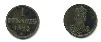 Ганновер 1 пфенниг 1845 B, Эрнст Август (1837-1851) KM 201.1, AKS 129, J. 74 медь 35-761