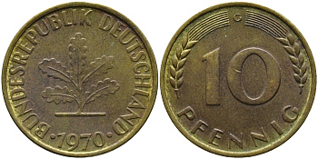 ФРГ 10 ПФЕННИГОВ 1970 G KM 108, J. 383 сталь плакированная латунью 98-435