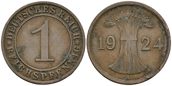 Германия 1 рейхспфенниг 1924 A KM 37, J. 313 бронза 4189-1046
