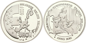 Бельгия 500 франков 2001 похищение Европы KM 222 серебро PROOF 06-256-11