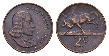 ЮАР 2 цента 1965 Ян ван Рибек (1619-1677), South Africa, легенда на английском, антилопа KM 66.1 бронза 4114-523