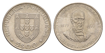 Португалия 5 эскудо 1977 100 лет со дня смерти Алешандре Эркулано KM 606 медно-никель UNC 4678-746