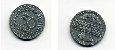 ГЕРМАНИЯ 50 ПФЕННИГОВ 1921 D KM 27, J. 301 алюминий 29-324