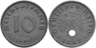ГЕРМАНИЯ 10 РЕЙХСПФЕННИГОВ 1941 F KM 101, J.371 цинк 95-755