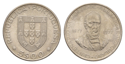 Португалия 5 эскудо 1977 100 лет со дня смерти Алешандре Эркулано KM 606 медно-никель UNC 4678-746