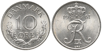 ДАНИЯ 10 ЭРЕ 1961 C; S, ФРЕДЕРИК IX (1947-1972) KM 849.1 медно-никель аUNC 100-1141