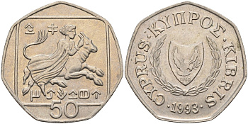 Кипр 50 центов 1993 похищение Европы KM 66 медно-никель 4141-1227