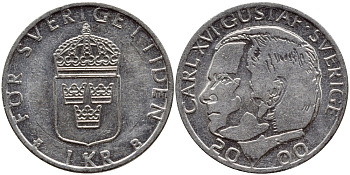 Швеция 1 крона 2000 Карл XVI Густав (1973- ) KM 852а медно-никель 4364-3711