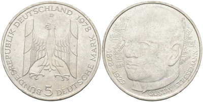 ФРГ 5 марок 1978 D, 200 лет со дня рождения Густава Штреземана J. 422, KM 147 серебро 3855-631