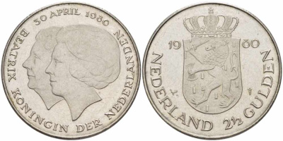 Нидерланды 2 1/2 гульдена 1980 коронация Беатрикс, 30 апреля 1980 KM 201 никель 38-836