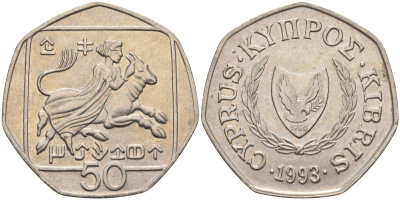 Кипр 50 центов 1993 похищение Европы KM 66 медно-никель 4141-1227