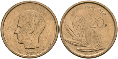 Бельгия 20 франков 1980 Belgie KM 160 никель бронза 4120-1124