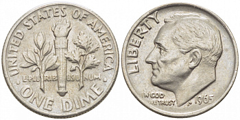 США 10 ЦЕНТОВ = 1 ДАЙМ 1965 РУЗВЕЛЬТ KM 195а медь плакированная медно-никелем 105-1046