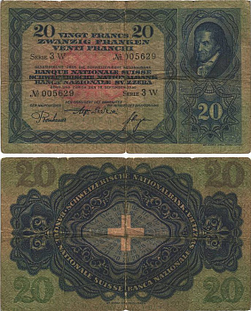 Швейцария 20 франков 1930 16 сентября 1930, серия 3 W, Иоганн Генрих Песталоцци Pick 39 b бумага 8606-13-3-1
