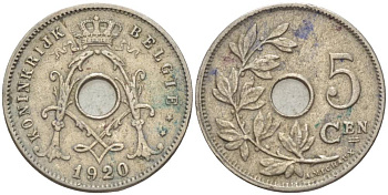 БЕЛЬГИЯ 5 САНТИМОВ 1920 BELGIE KM 67 медно-никель 4551-913