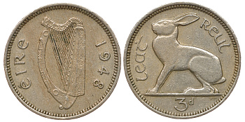 Ирландия 3 пенса 1948 заяц KM 12a медно-никель aUNC 3334-1148