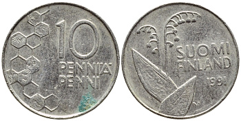 ФИНЛЯНДИЯ 10 ПЕННИ 1991 ЛАНДЫШ KM 65 медно-никель 4383-468