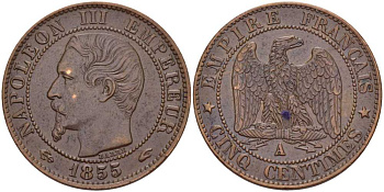 Франция 5 сантимов 1855 A, Наполеон III (1852-1870) KM 777.1, LE FRANC 116.16 бронза 117-853