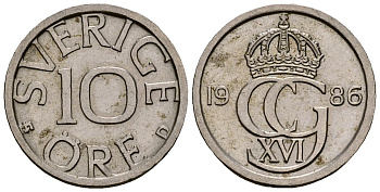 Швеция 10 эре 1986 Карл XVI Густав (1973- ) KM 850 медно-никель 4173-746