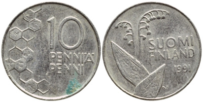 ФИНЛЯНДИЯ 10 ПЕННИ 1991 ЛАНДЫШ KM 65 медно-никель 4383-468
