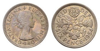 Великобритания 6 пенсов 1954 Елизавета II (1952-2022) KM 903 медно-никель aUNC 4697-959