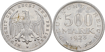 Германия 500 марок 1923 А KM 36, J. 305 алюминий 4595-245