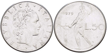 ИТАЛИЯ 50 ЛИР 1979 R, КУЗНЕЦ, ВУЛКАН БОГ ОГНЯ, ДИАМЕТР 25 ММ. KM 95.1 нержавеющая сталь 108-1041