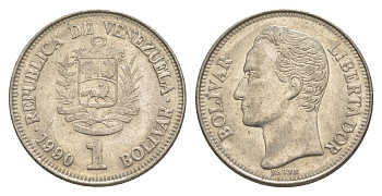 Венесуэла 1 боливар 1990 Симон Боливар, толстый шрифт Y 52a.2 сталь плакированная никелем 4591-617